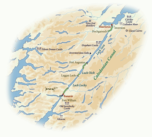 Mapa del extraordinario itinerario del Scottish Highlander CRUCEROS FLUVIALES ESCOCIA CRUCEROS FLUVIALES HIGHLANDS CRUISES SCOTLAND SOTTISH HIGHLANDER CRUISES BARGE CRUISES SCOTLAND UNITED KINGDOM CRUISES FAMILY CRUISES SCOTLAND CHARTER CRUISES